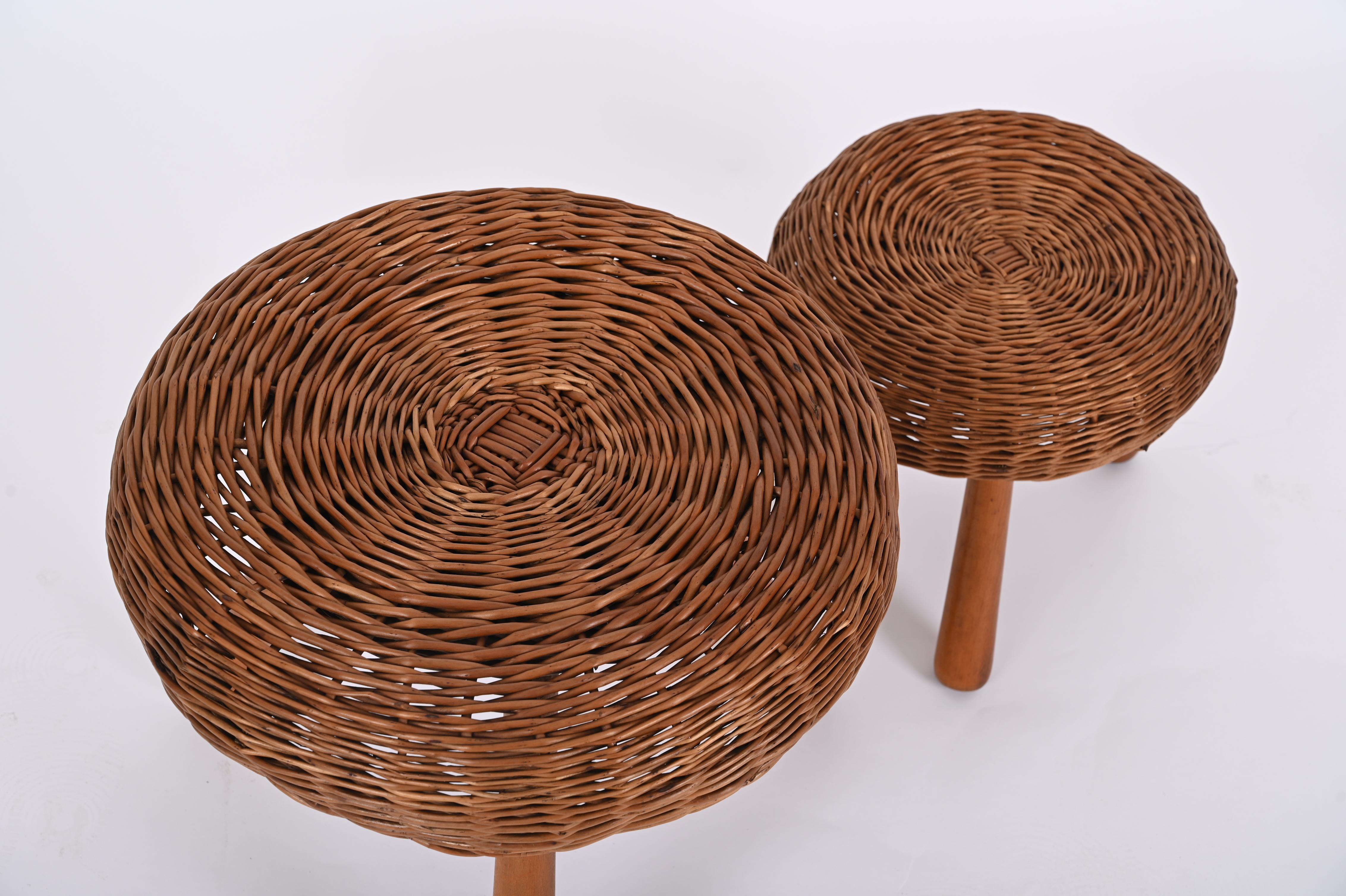 Midcentury Pair of Tony Paul Stools, Wicker, Wood, United States, 1950s 8