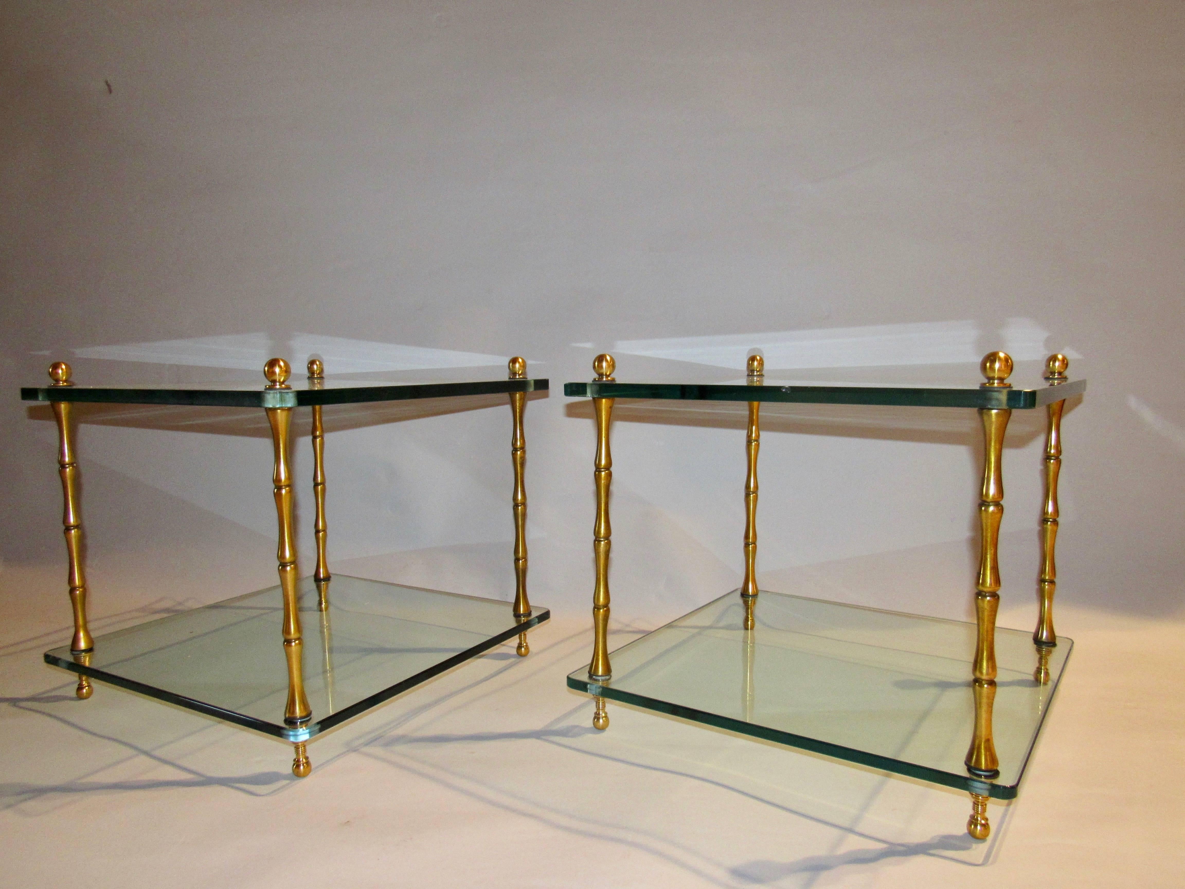 Mid-Century Modern Baker Furniture Company Brass Tables Mid Century Two-Tiered Glass Shelves 1960s For Sale