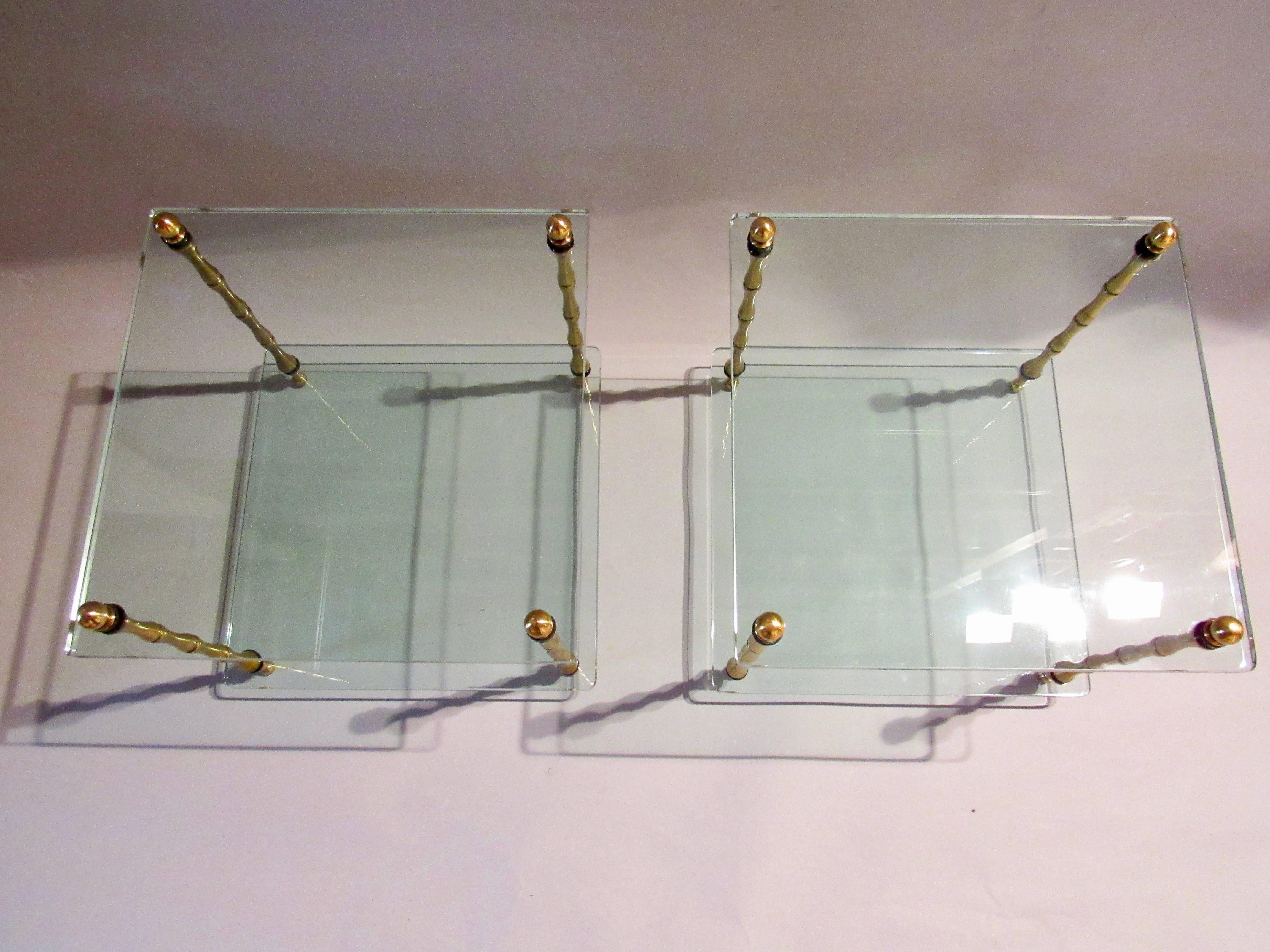 Polished Baker Furniture Company Brass Tables Mid Century Two-Tiered Glass Shelves 1960s For Sale