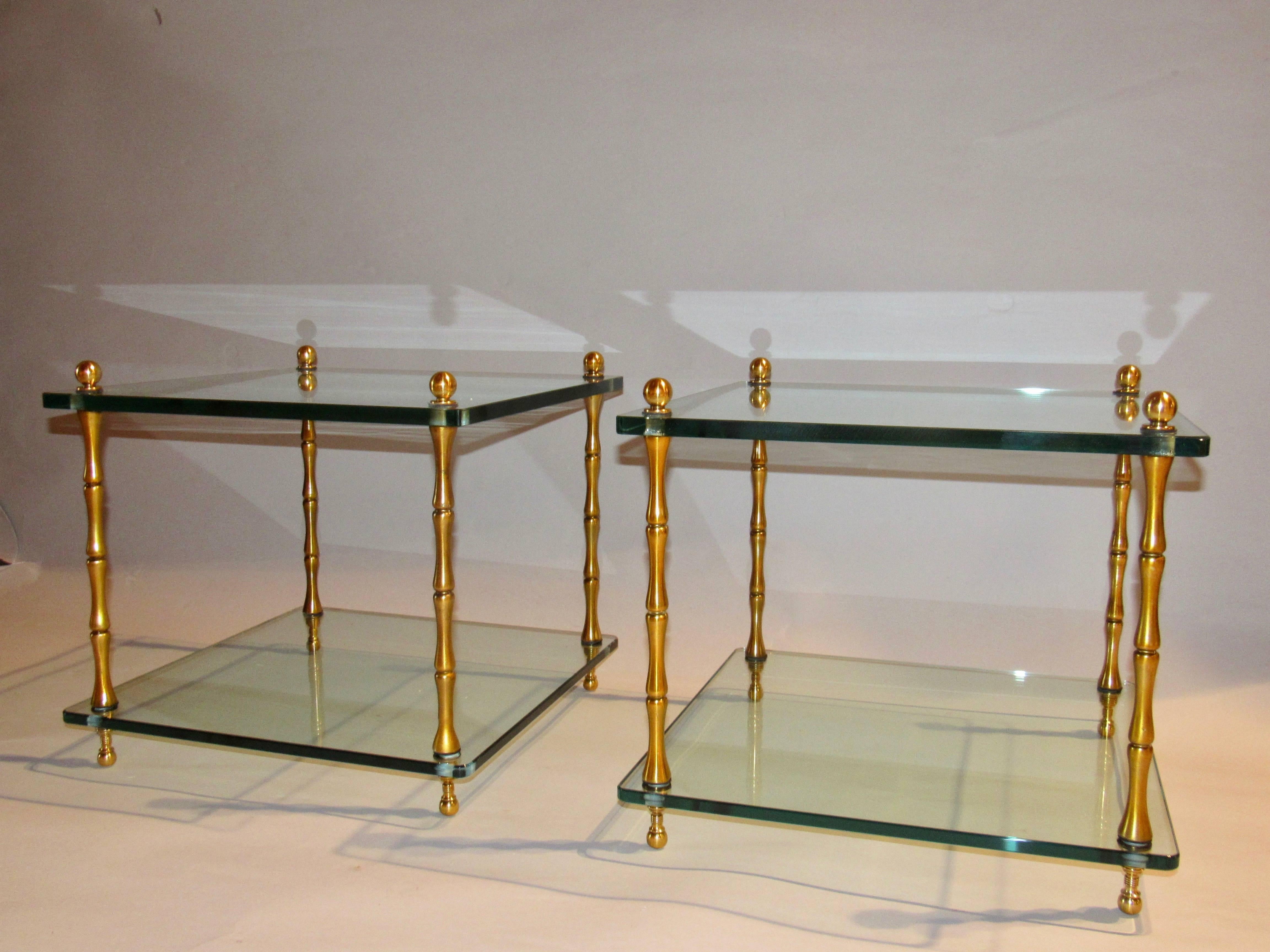 20th Century Baker Furniture Company Brass Tables Mid Century Two-Tiered Glass Shelves 1960s For Sale