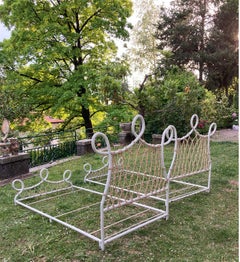 Mid-Century Pair of Unique Italian Beds in White Curved Tubular and Rope, 1950s
