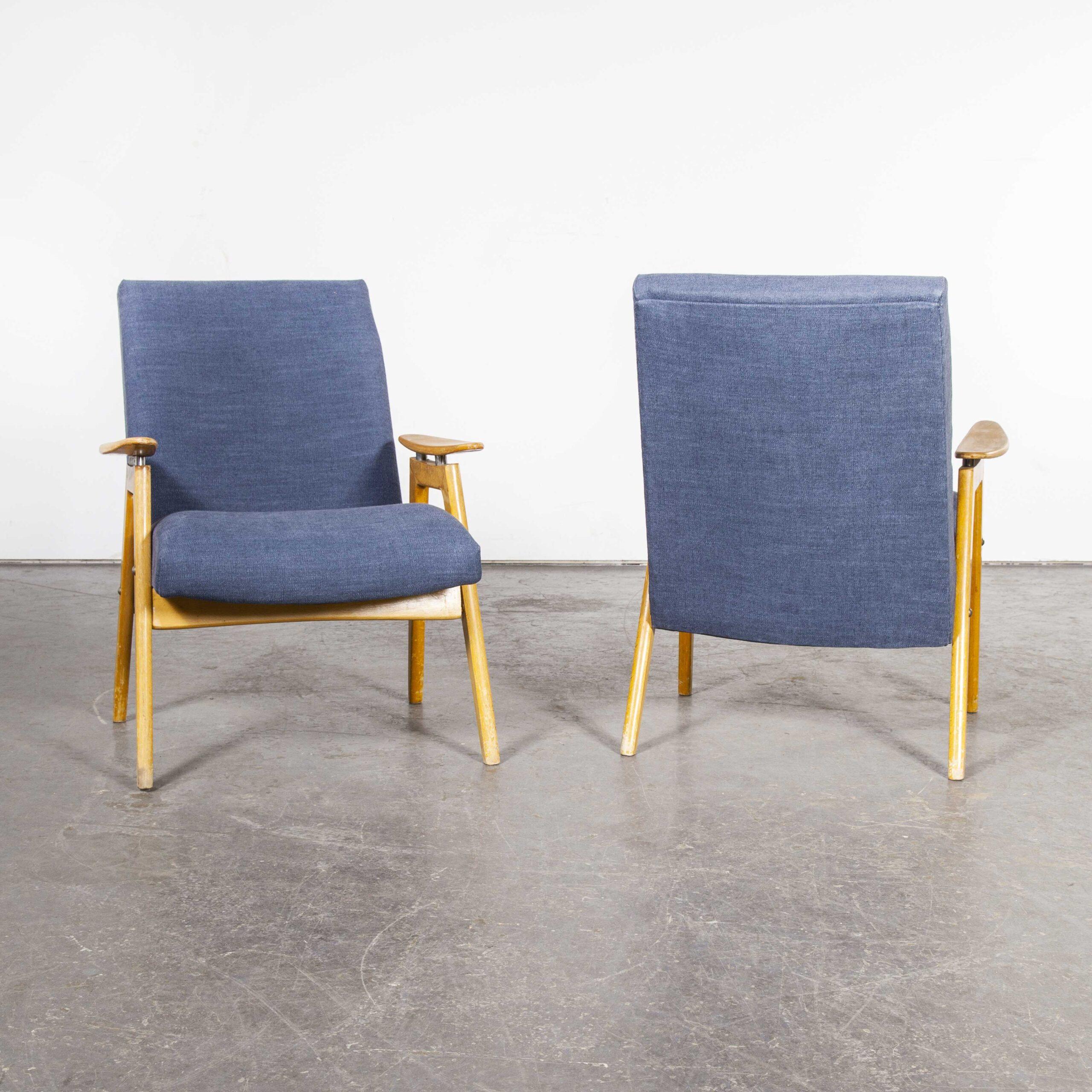 Mid Century Pair of Upholstered Armchairs with Straight Arms and Top Caps (Model For Sale 1