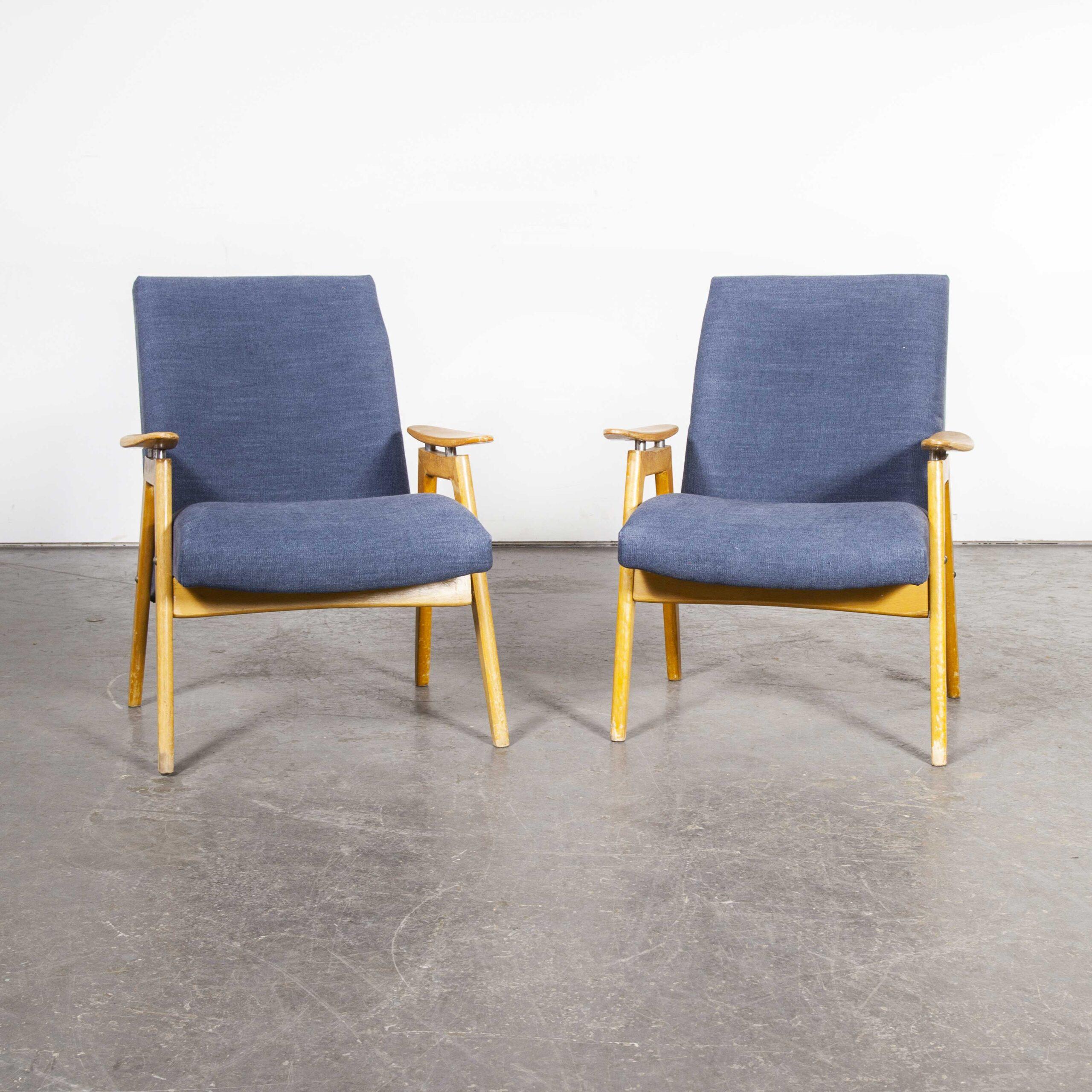 Mid Century Pair of Upholstered Armchairs with Straight Arms and Top Caps (Model For Sale 3