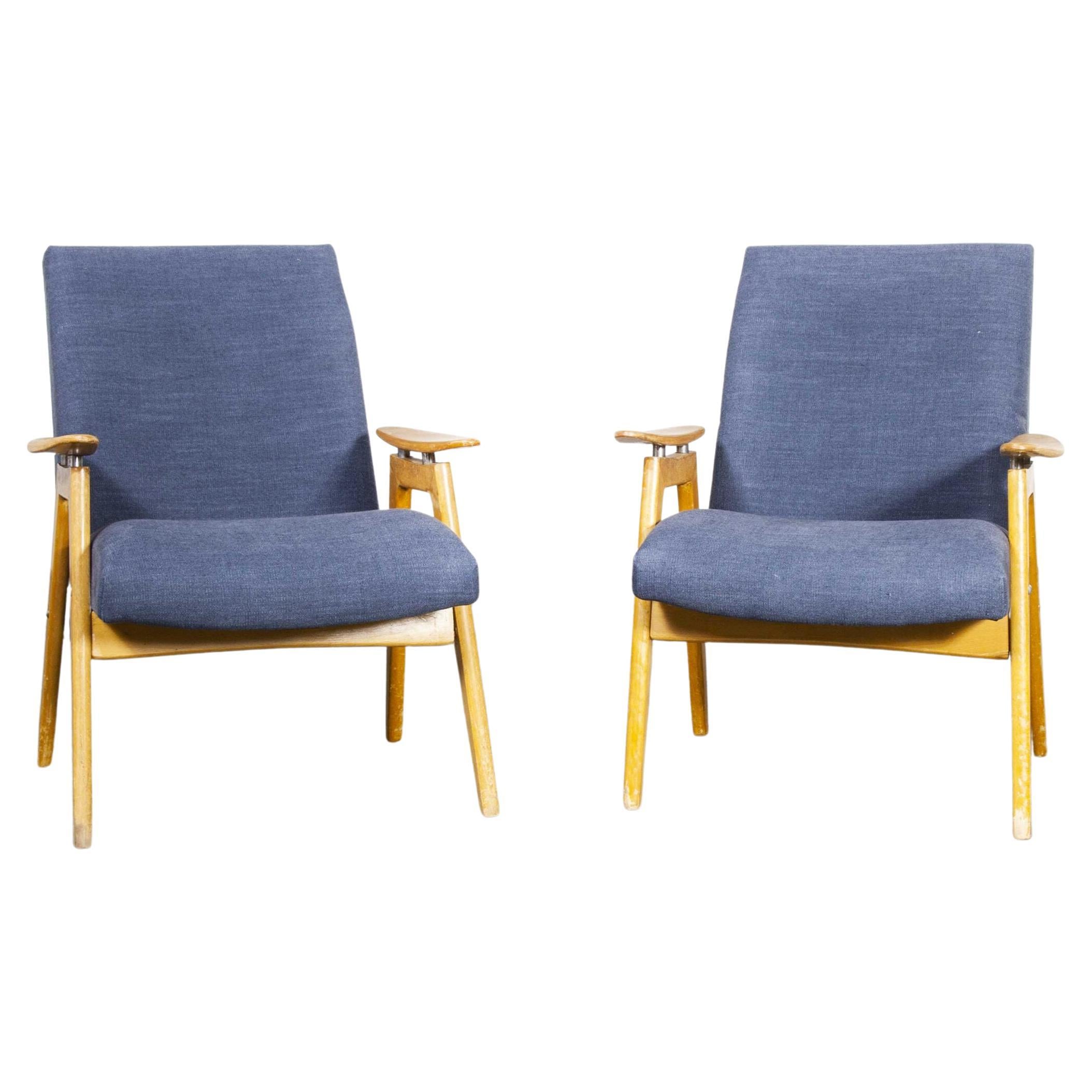 Mid Century Pair of Upholstered Armchairs with Straight Arms and Top Caps (Model For Sale