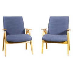 Vintage Mid Century Pair of Upholstered Armchairs with Straight Arms and Top Caps (Model