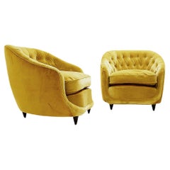 Retro Midcentury Pair of Velvet Armchairs in the Style of Gio Ponti