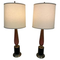 Midcentury Pair of Vintage Cranberry Glass Murano Lamps