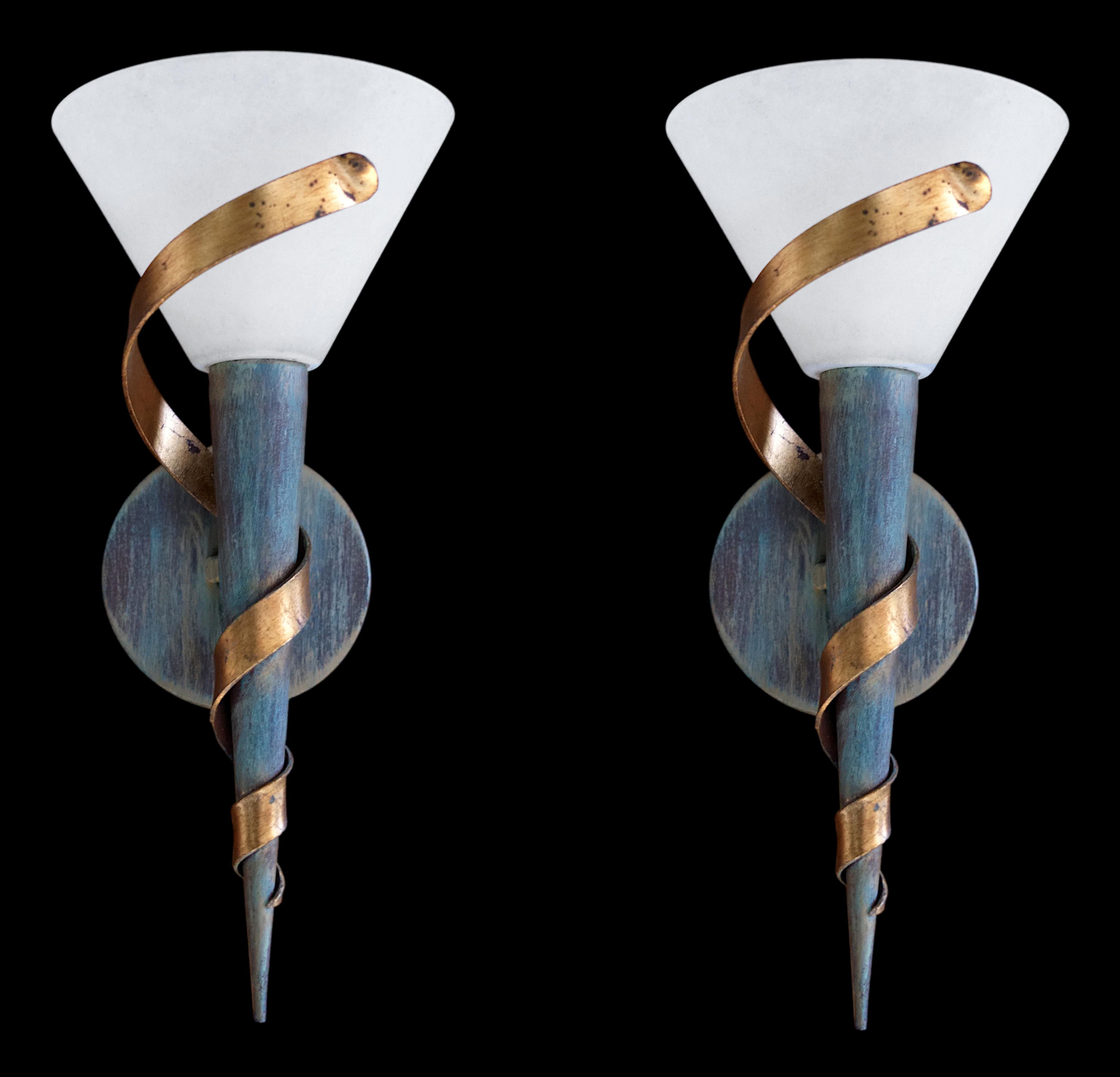 French mid-century pair of wall sconces, France, 1970s. Metal & glass. Height: 14.6