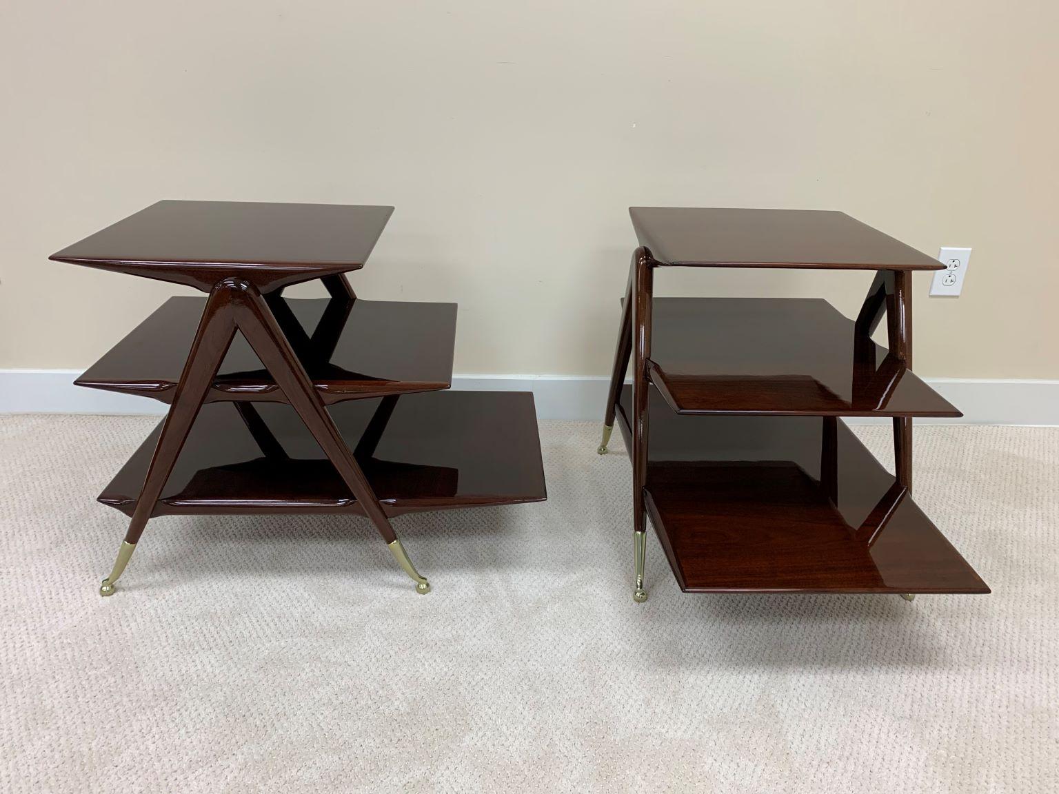 Mid-Century Modern Mid Century Pair of Walnut and Brass Three-Tier Tables in the Style of Ico Paris