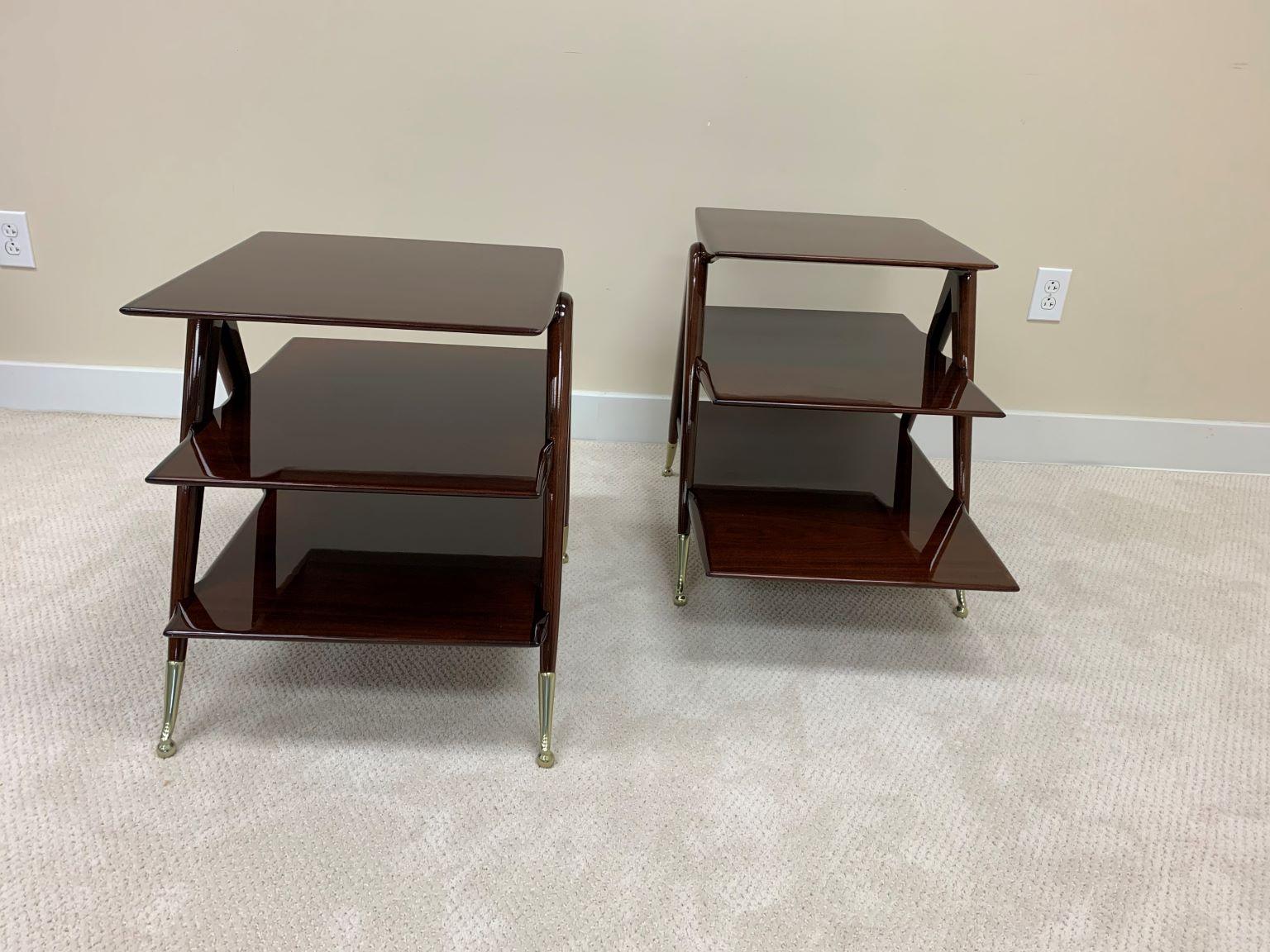 American Mid Century Pair of Walnut and Brass Three-Tier Tables in the Style of Ico Paris