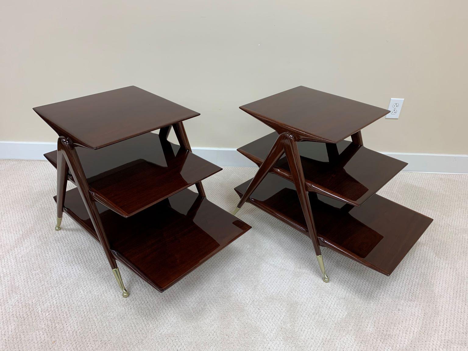 Polished Mid Century Pair of Walnut and Brass Three-Tier Tables in the Style of Ico Paris