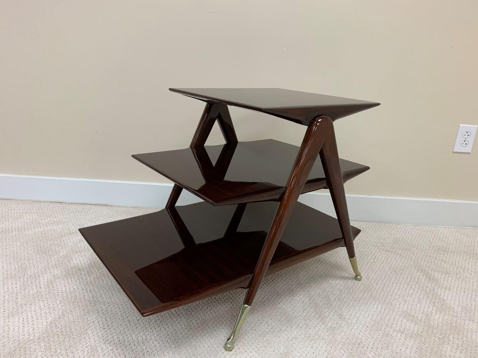 Mid Century Pair of Walnut and Brass Three-Tier Tables in the Style of Ico Paris In Excellent Condition In Bernville, PA