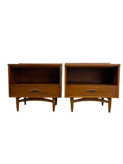 Mid-Century Pair of Walnut-Toned End Tables with Open Shelf and Dovetail Drawer.