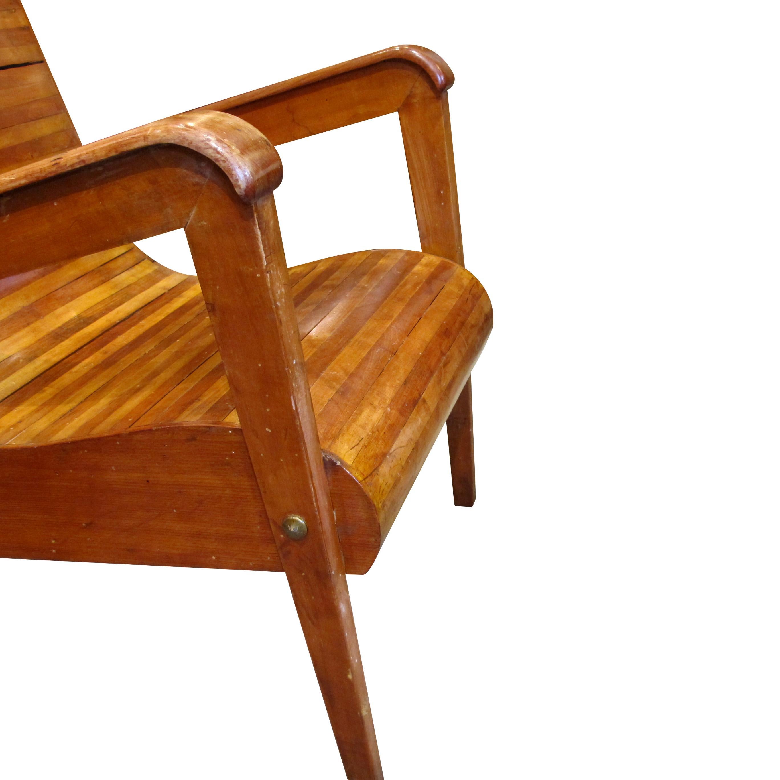 Mid-Century Pair of Wood-Slatted Curved Chair, Italian For Sale 4
