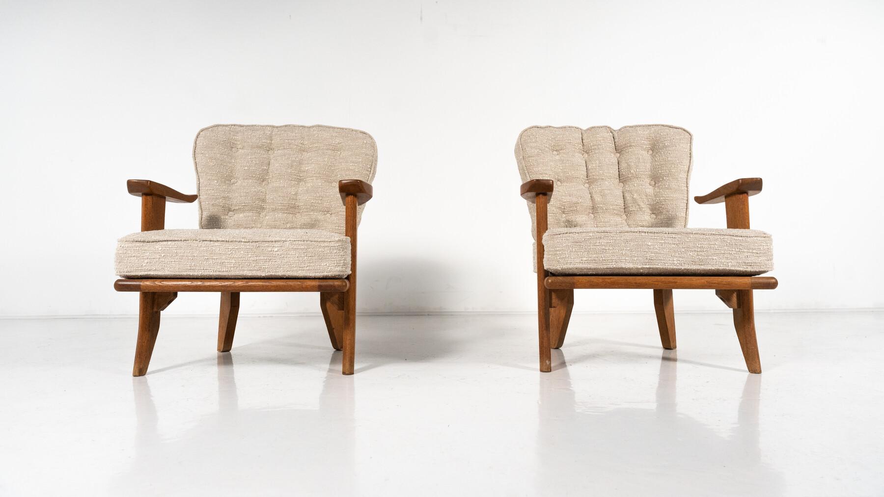 Mid-20th Century Mid-Century Pair of Wooden Armchairs by Guillerme & Chambron, France, 1960s For Sale