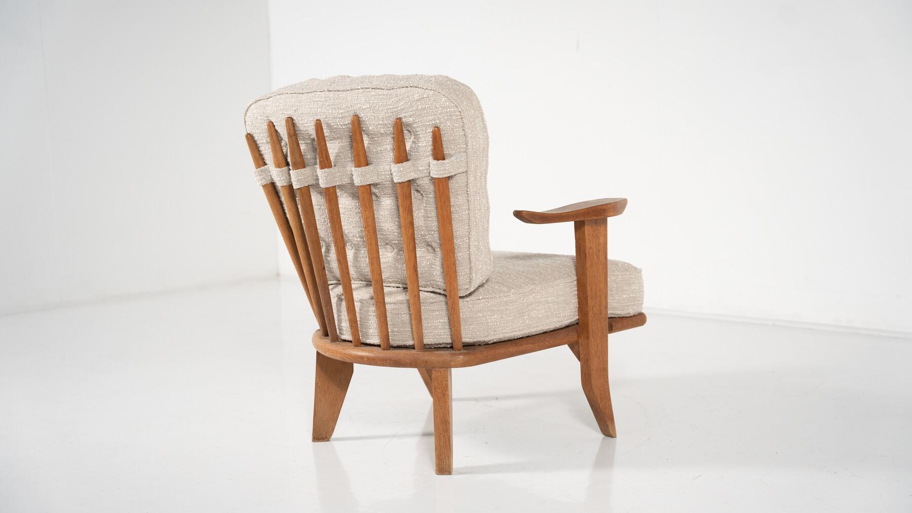 Fabric Mid-Century Pair of Wooden Armchairs by Guillerme & Chambron, France, 1960s For Sale