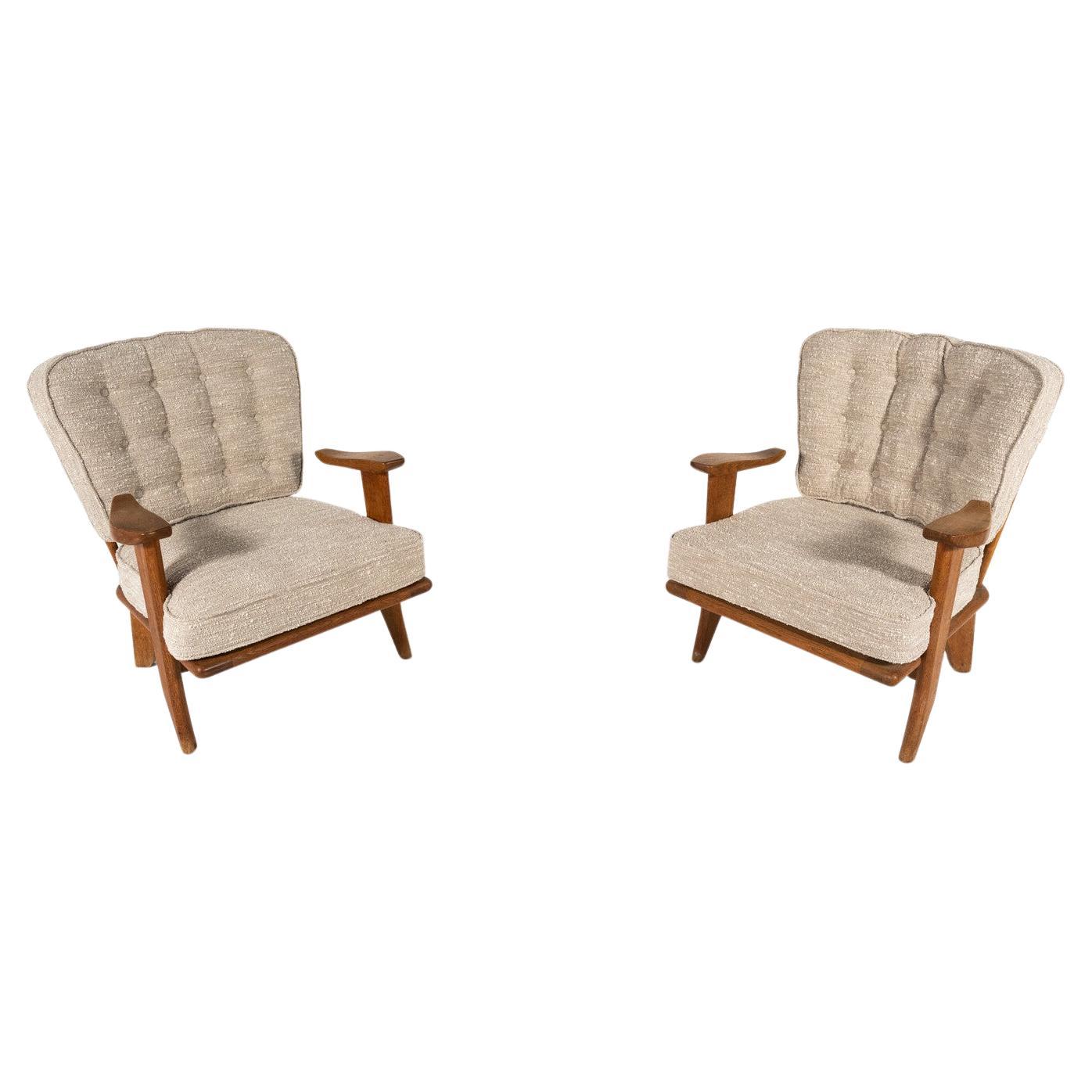 Mid-Century Pair of Wooden Armchairs by Guillerme & Chambron, France, 1960s For Sale