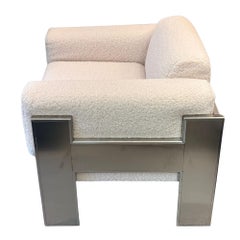 Mid Century Pair of Wool Faux Lambskin & Steel Armchairs, Italy 1970's