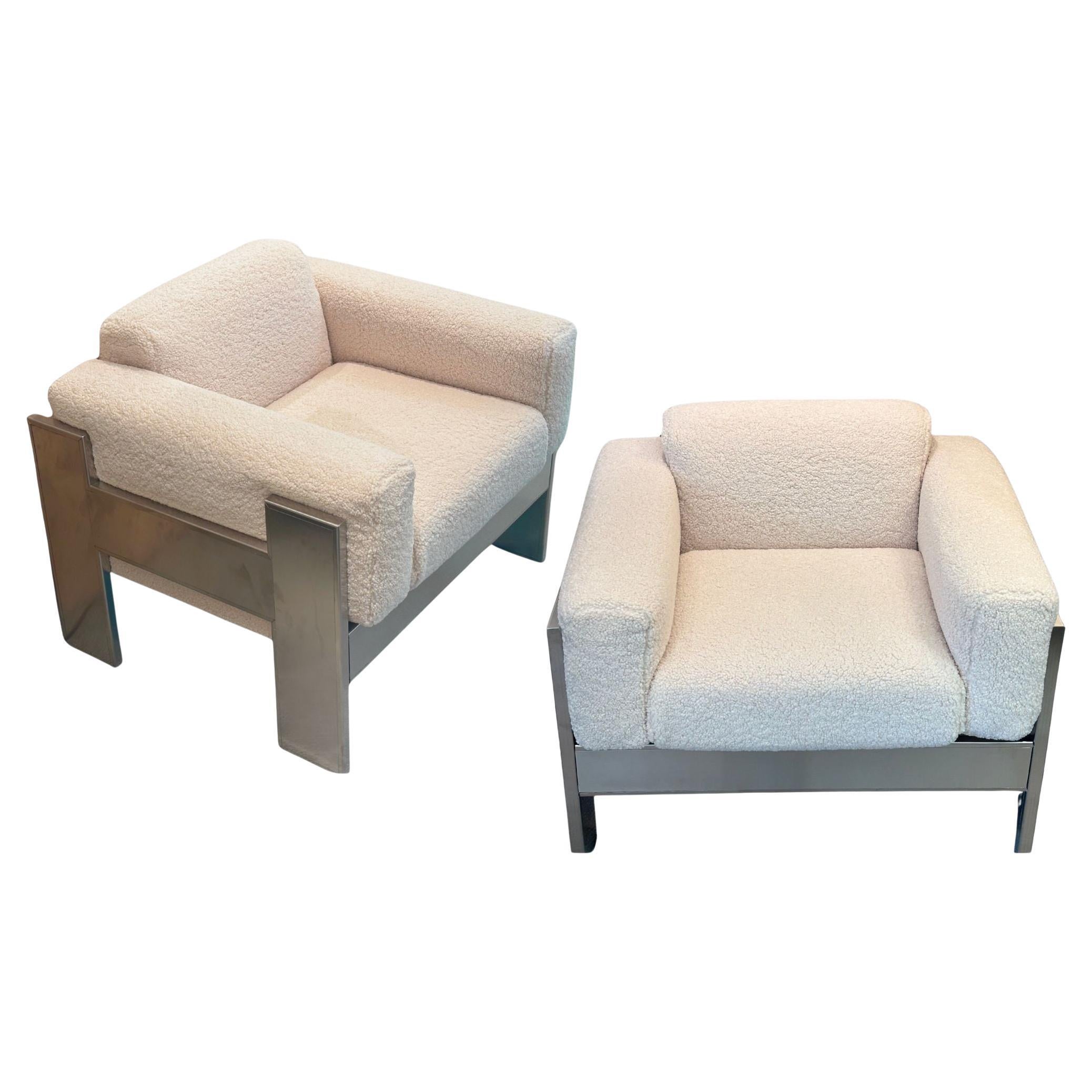 Pareja de sillones de lana de imitación de cordero y acero, Italia Años 70 en venta
