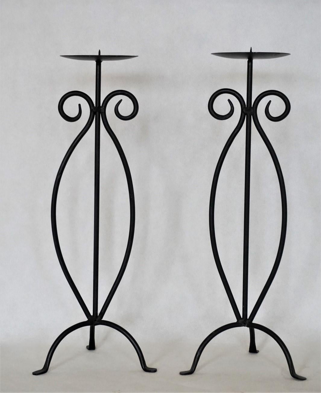 Folk Art Midcentury Pair of Wrought Iron Tripod Candleholders For Sale