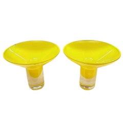 Mid Century Pair of Yellow Murano Glass Stem Dish Candlestick Holders, Pair