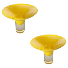 Mid Century Pair of Yellow Murano Glass Stem Dish Candlestick Holders, Pair