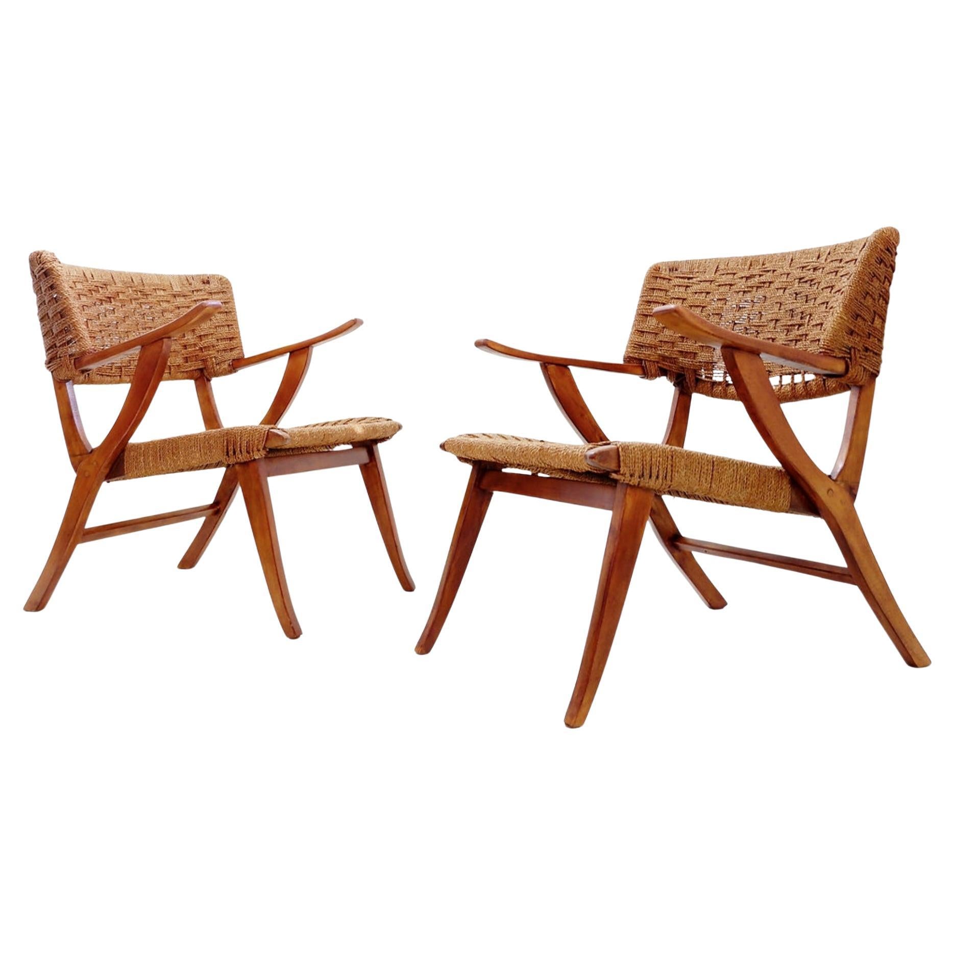 Mid-Century Pair Rope and Wood Armchairs - Vintage Style
