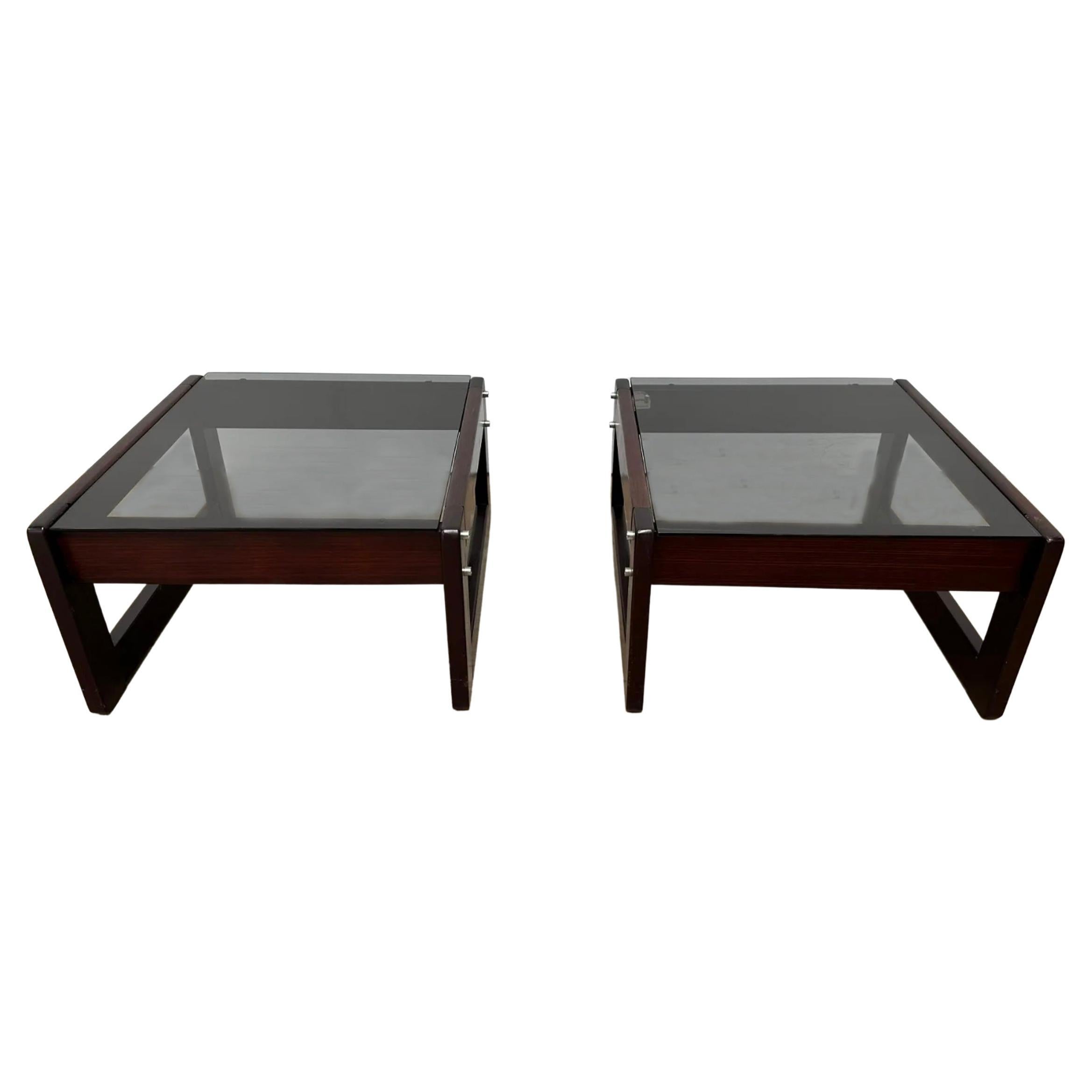 Mid Century Pair Rosewood Smoked glass end tables by Percival Lafer Brazil  For Sale