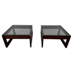 Mid Century Pair Rosewood Smoked glass end tables by Percival Lafer Brazil 