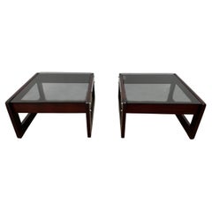 Vintage Mid Century Pair Rosewood Smoked glass end tables by Percival Lafer Brazil 