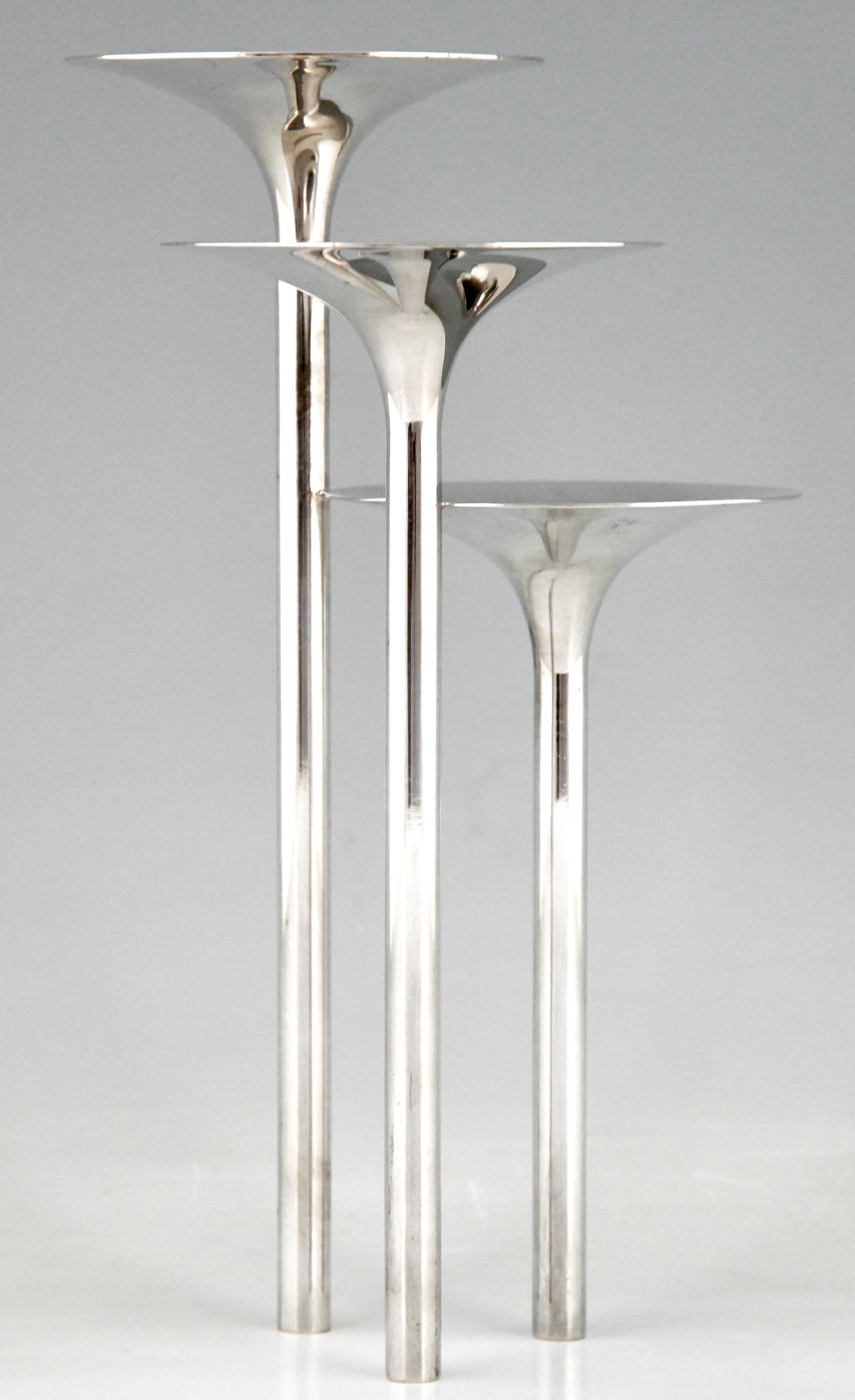 Mid Century Pair Silvered Flower Stands Candleholders Lino Sabattini Christofle In Good Condition In Antwerp, BE