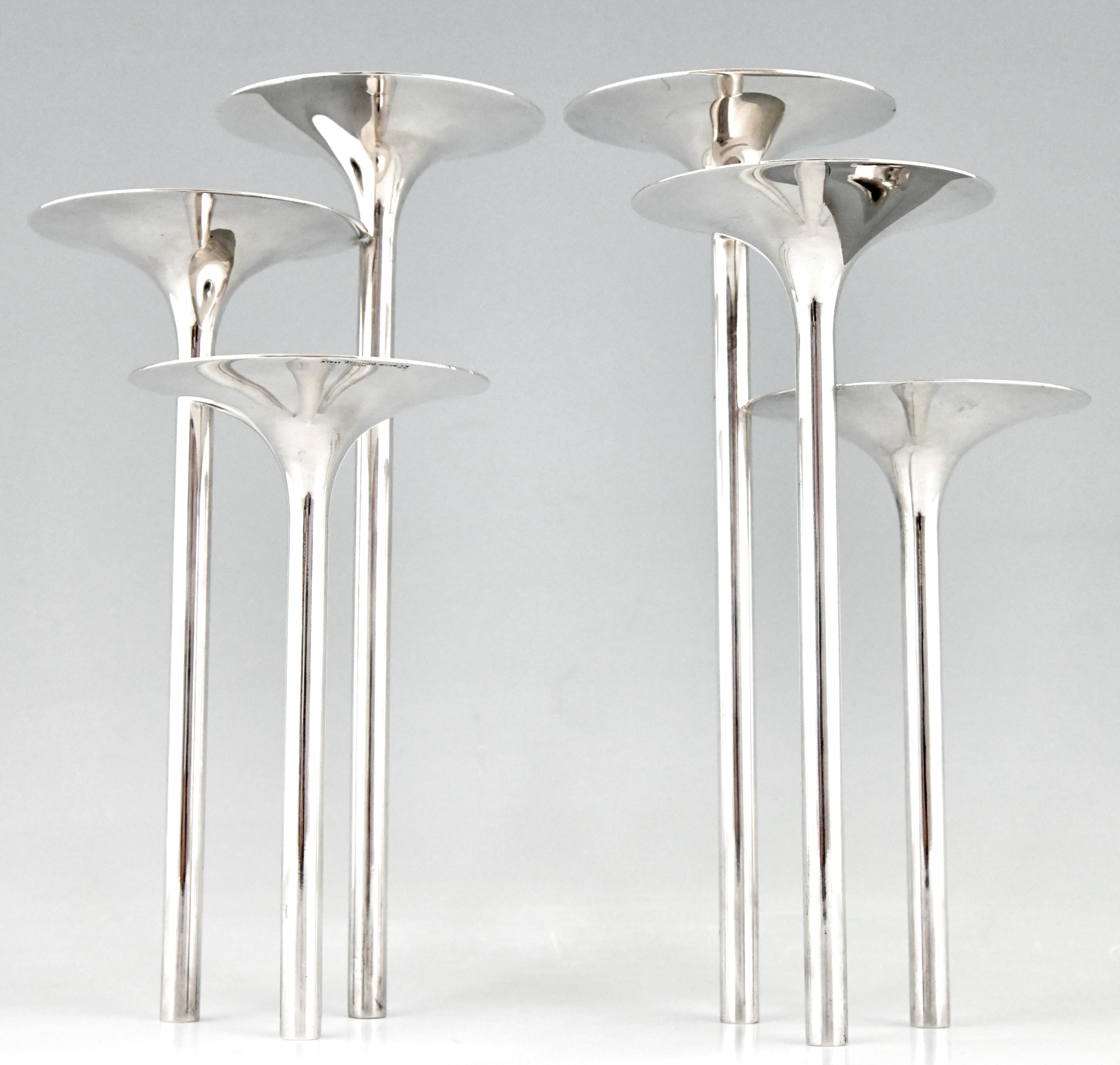 Metal Mid Century Pair Silvered Flower Stands Candleholders Lino Sabattini Christofle