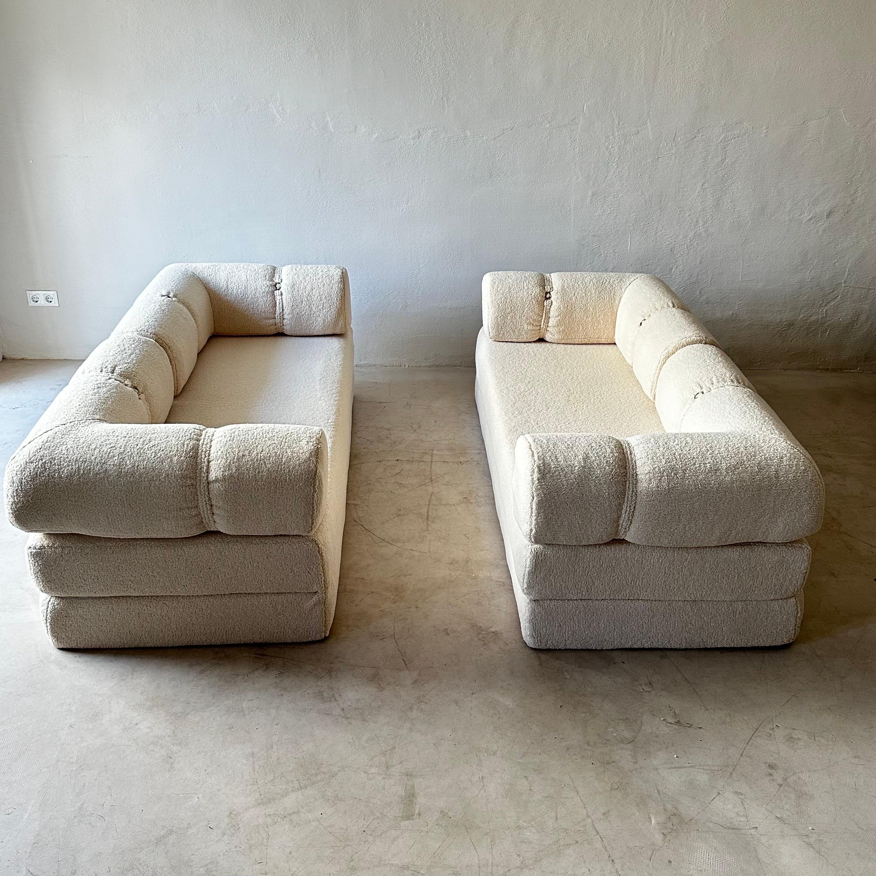 Mid-Century Sofa's Daybeds Italy, 1970s. Reupholstered in faux shearling fabric. All upholstery parts can be unzipped and removed for cleaning. Price displayed is for one sofa.