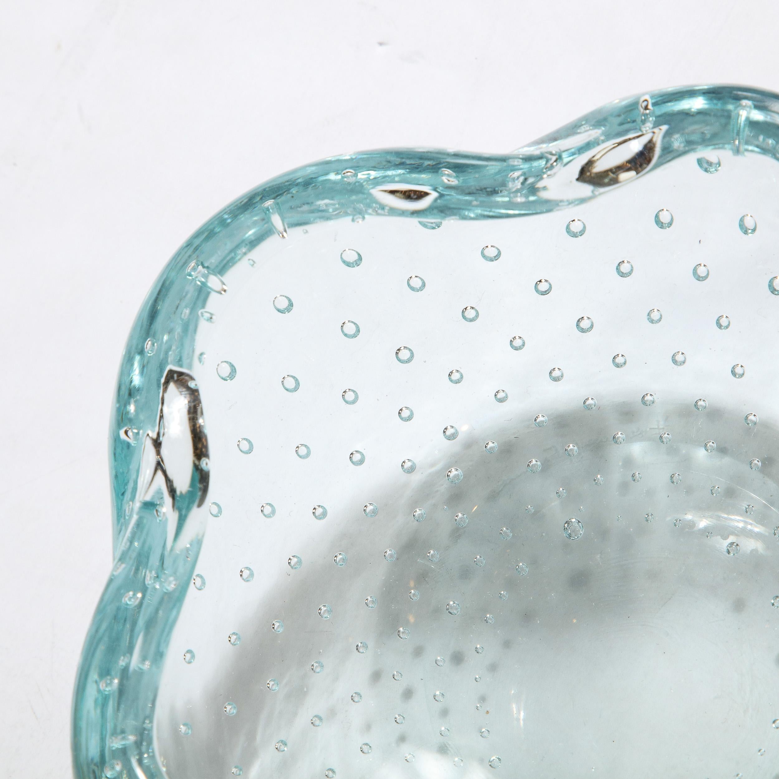 Mid-Century Modern Mid-Century Pale Blue Hand-Blown Glass Dish w/ Bullicante Detailing signed Daum For Sale