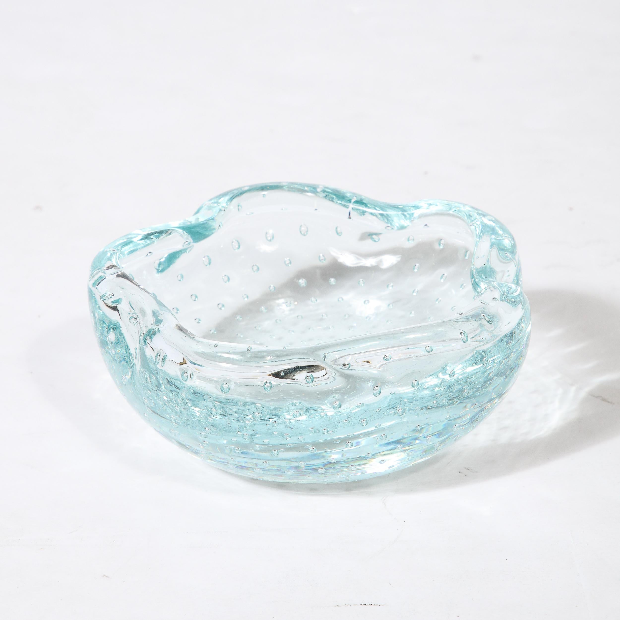 French Mid-Century Pale Blue Hand-Blown Glass Dish w/ Bullicante Detailing signed Daum For Sale