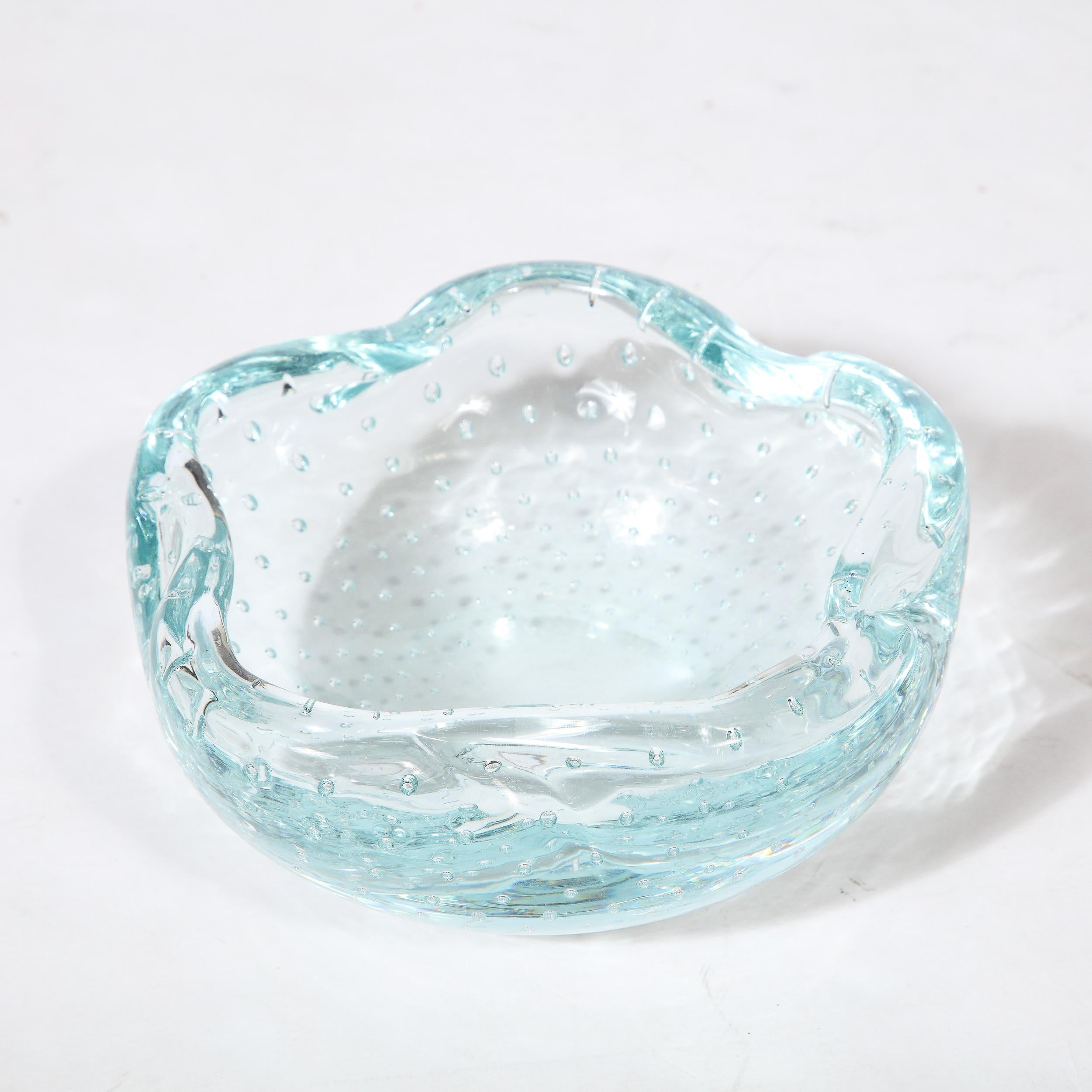 Mid-20th Century Mid-Century Pale Blue Hand-Blown Glass Dish w/ Bullicante Detailing signed Daum For Sale
