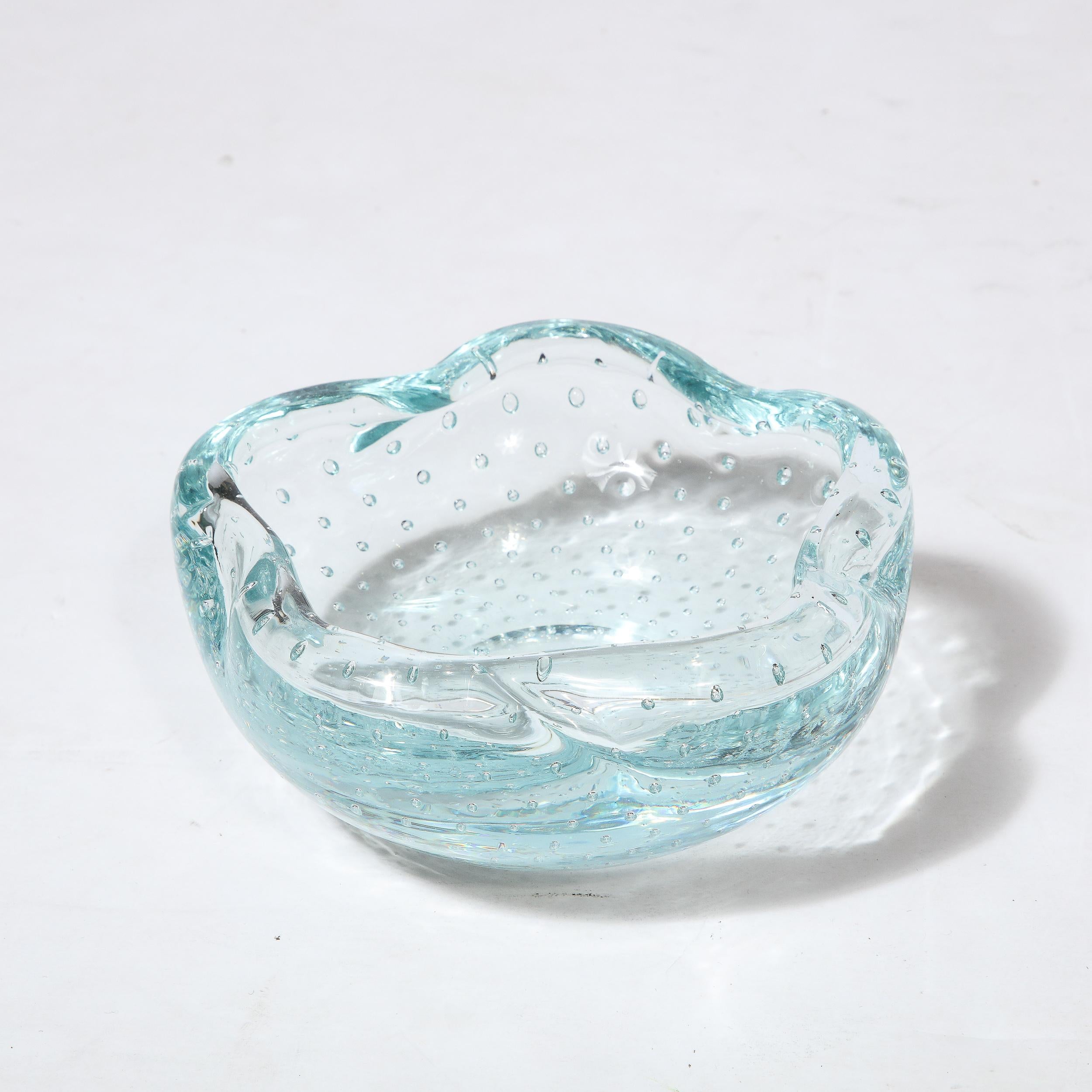 Mid-Century Pale Blue Hand-Blown Glass Dish w/ Bullicante Detailing signed Daum For Sale 1