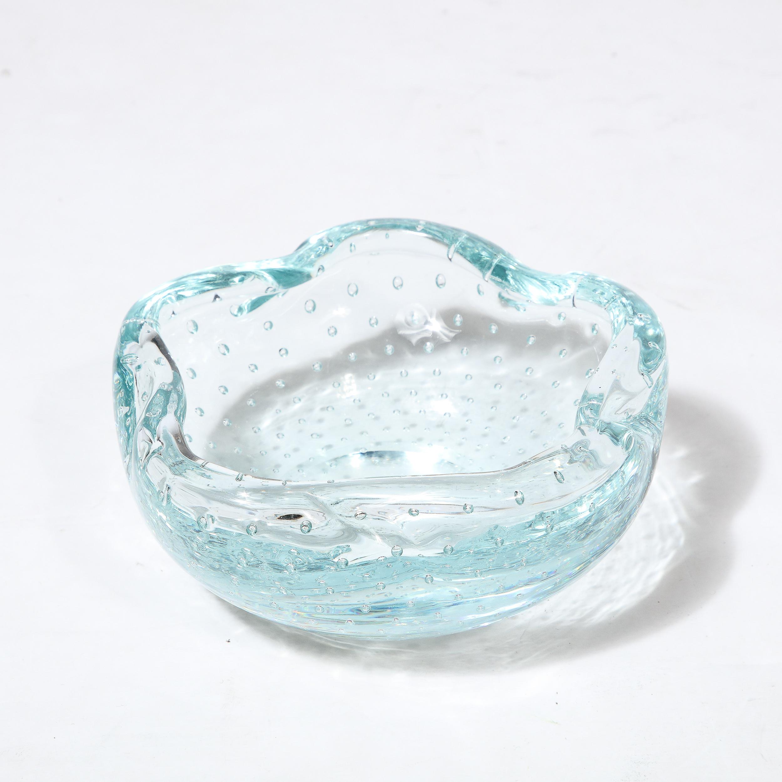 Mid-Century Pale Blue Hand-Blown Glass Dish w/ Bullicante Detailing signed Daum For Sale 2