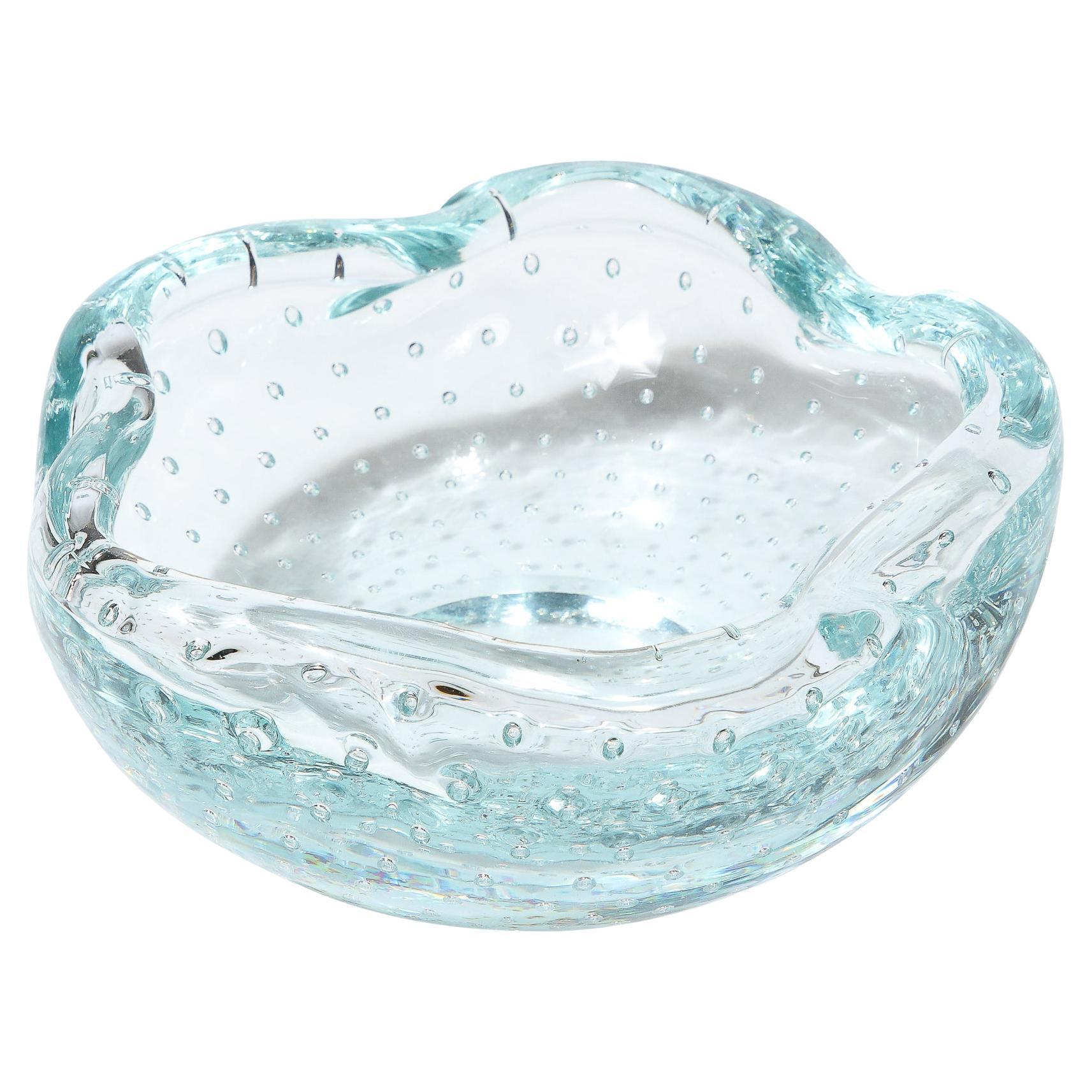 Mid-Century Pale Blue Hand-Blown Glass Dish w/ Bullicante Detailing signed Daum For Sale