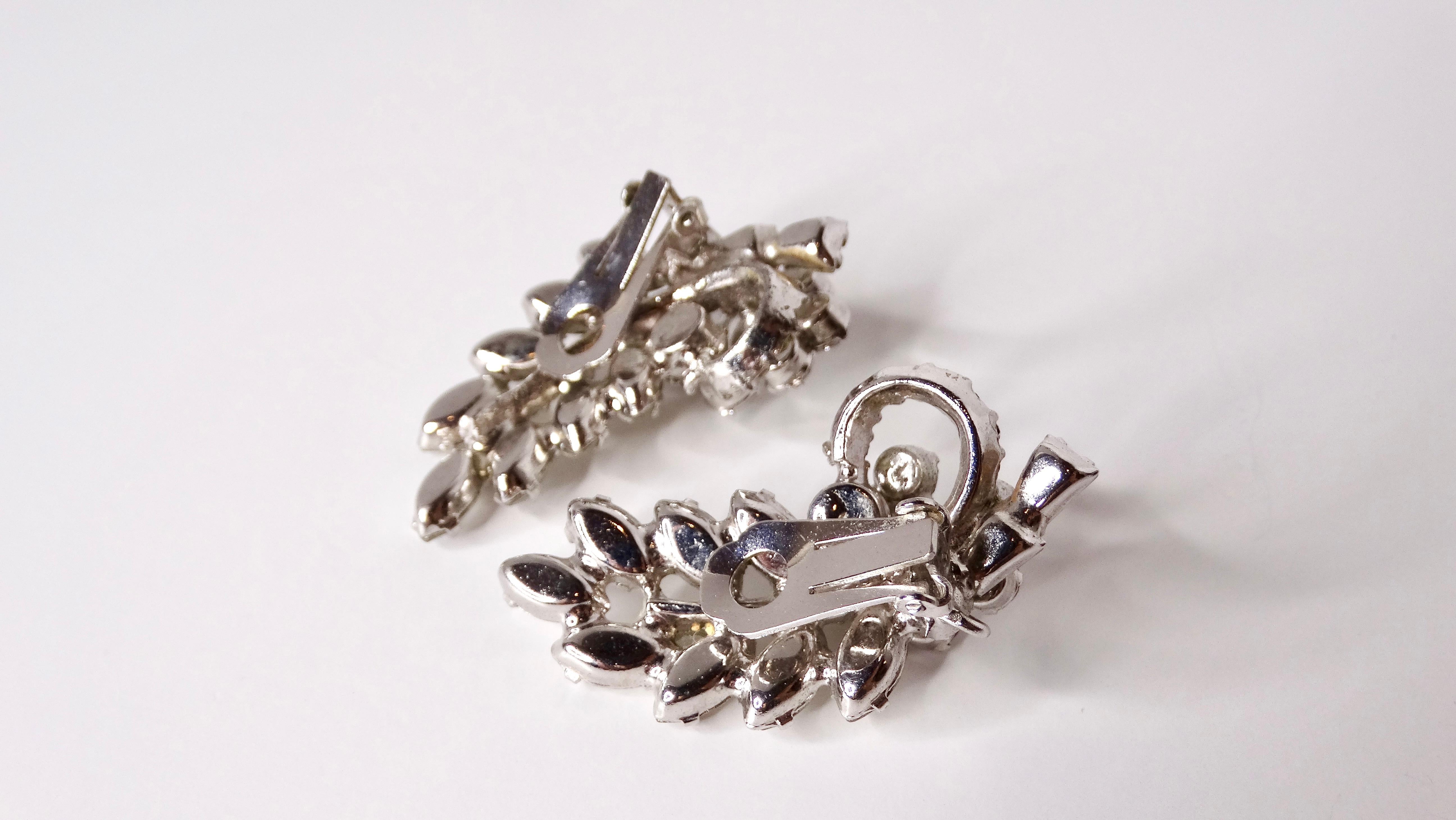 Women's or Men's Mid Century Palm Leaf Style Rhinestone Dangle Clip-On Earrings For Sale