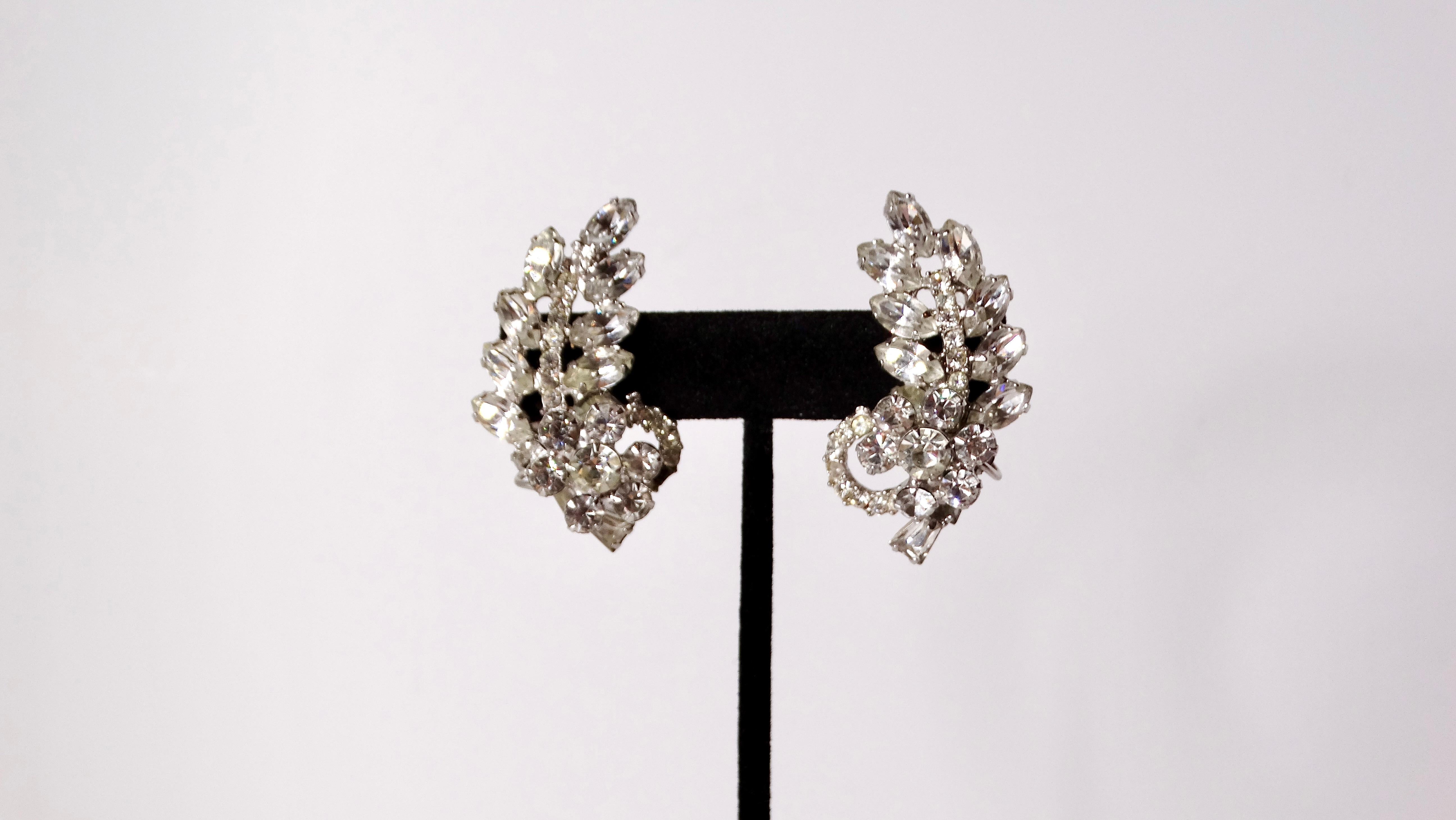 Mid Century Palm Leaf Style Rhinestone Dangle Clip-On Earrings For Sale 1