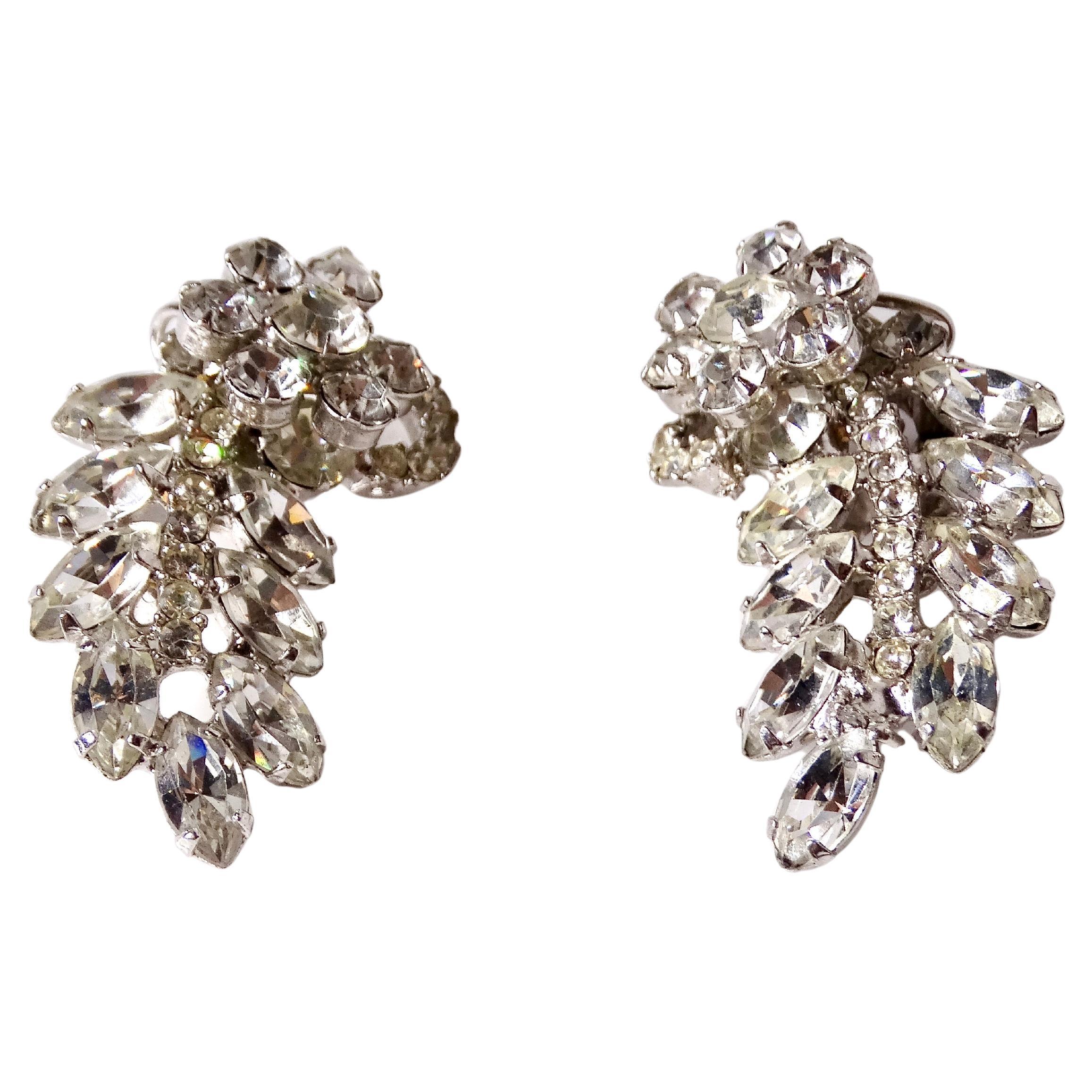 Mid Century Palm Leaf Style Rhinestone Dangle Clip-On Earrings