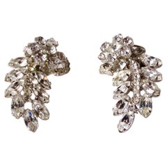 Mid Century Palm Leaf Style Rhinestone Dangle Clip-On Earrings