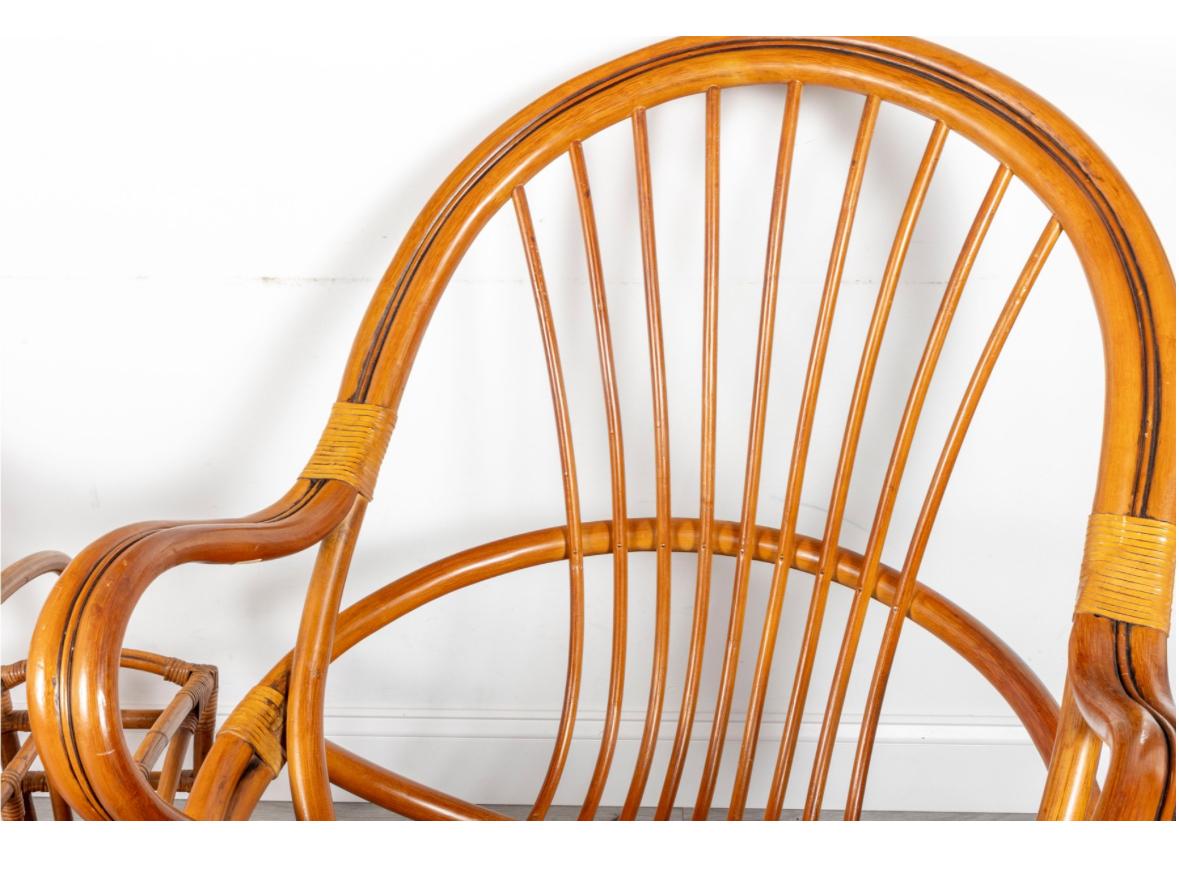 This classic set from Palm Springs Rattan’s “Garden Classics” collection features a pair of iconic “egg” chairs crafted from bamboo and rattan. Designed for comfort and movement, the chairs offer effortless rocking and swivel action. A coordinating