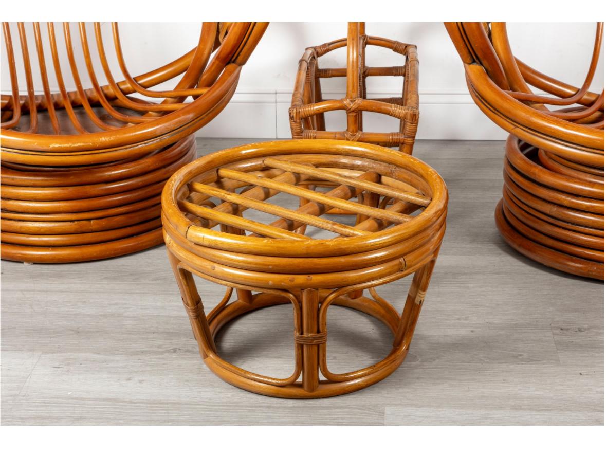 Mid-Century Modern Mid-Century Palm Springs Rattan Garden Classic Swivel Chair Patio Set For Sale