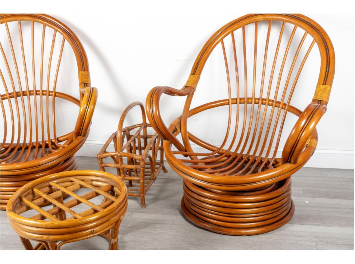 20th Century Mid-Century Palm Springs Rattan Garden Classic Swivel Chair Patio Set For Sale