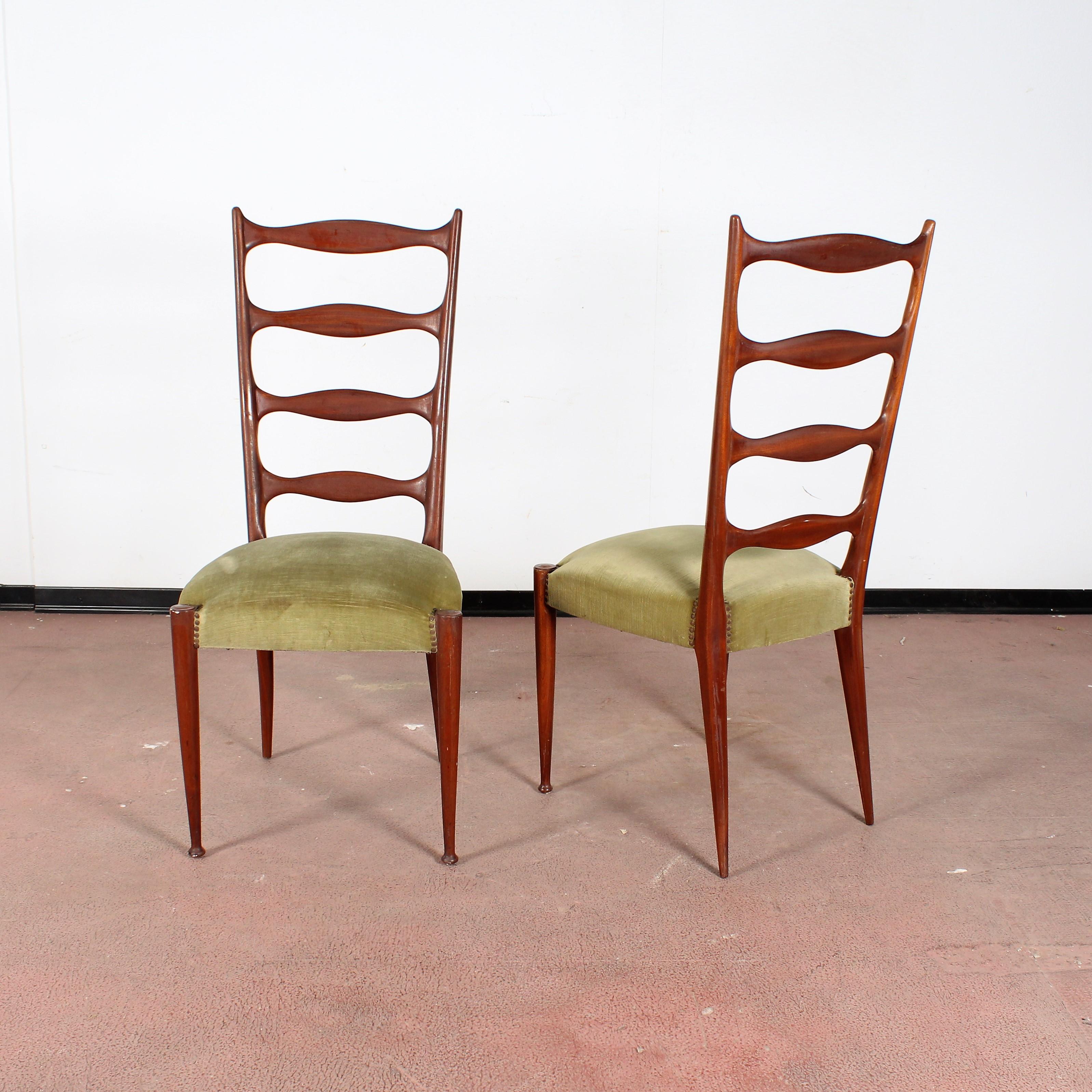 Italian Midcentury Paolo Buffa Style High Espalier Dining Chairs, Set of 4, 1950s, Italy