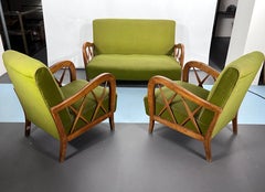 Mid-Century Paolo Buffa Wood and Green Velvet Living Room Set from 50s