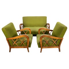 Mid-Century Paolo Buffa Wood and Green Velvet Living Room Set from 50s