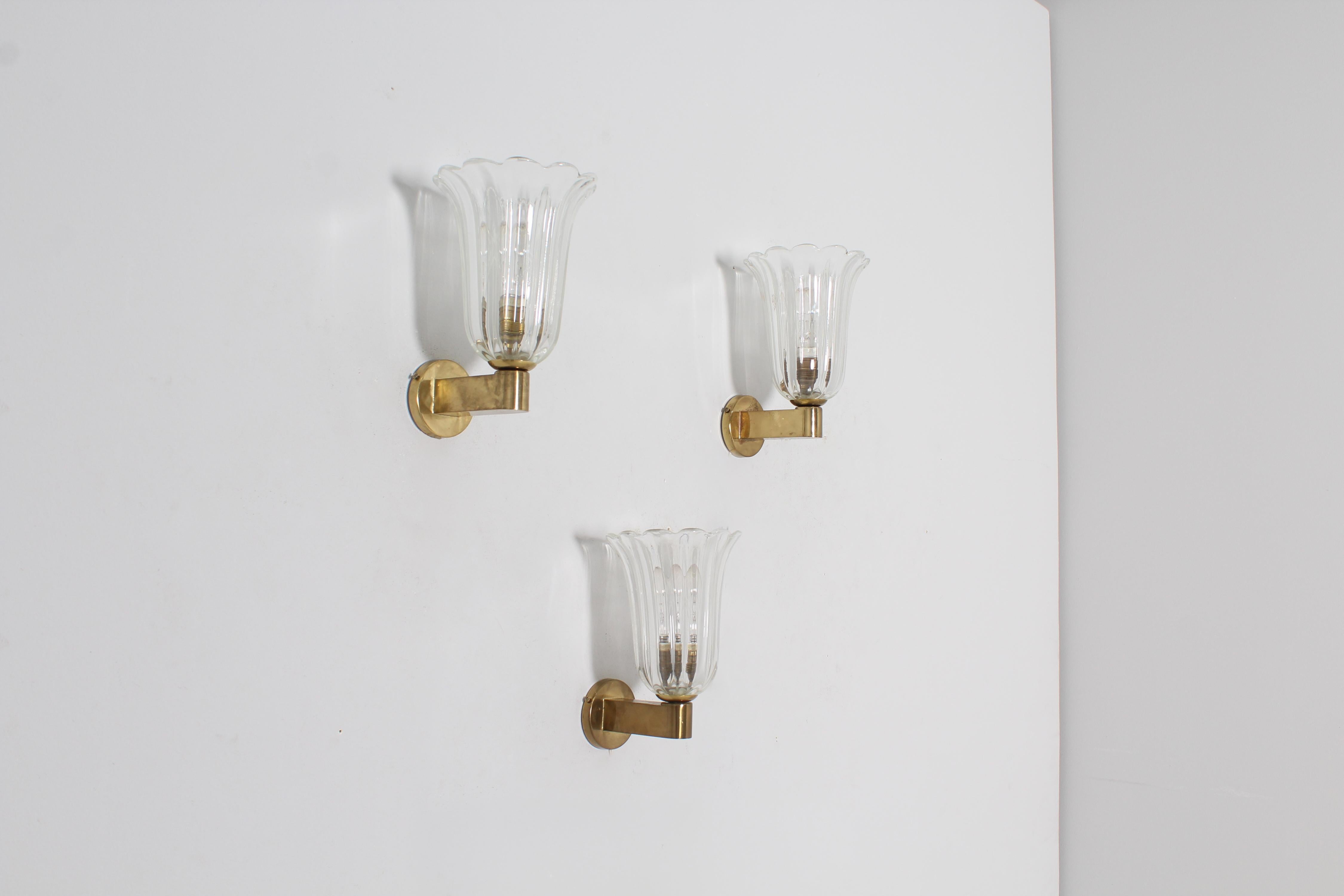 MidCentury Paolo Venini Ribbed Murano Glass Sconces, 50s Italy, Set of